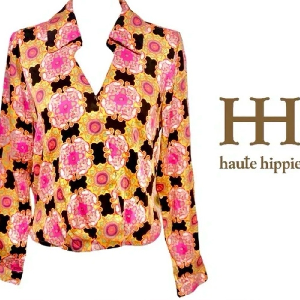 Haute Hippie geometric medallion block print wrap front long sleeve top. Size LG